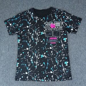 GSTR Streetwear Japan Graphic Shirt Men Medium Black Neon Paint Splatter Mt Fuji